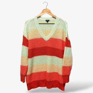 Torrid Chunky Open Knit Sweater Mint Orange Stripe Long Sleeve V-Neck 1X 14/16